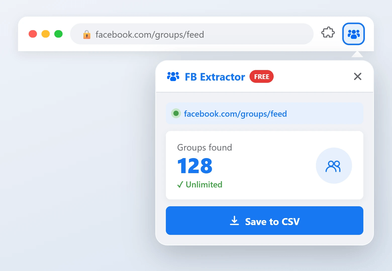 FB Extractor Pro Chrome extension popup showing 128 groups found