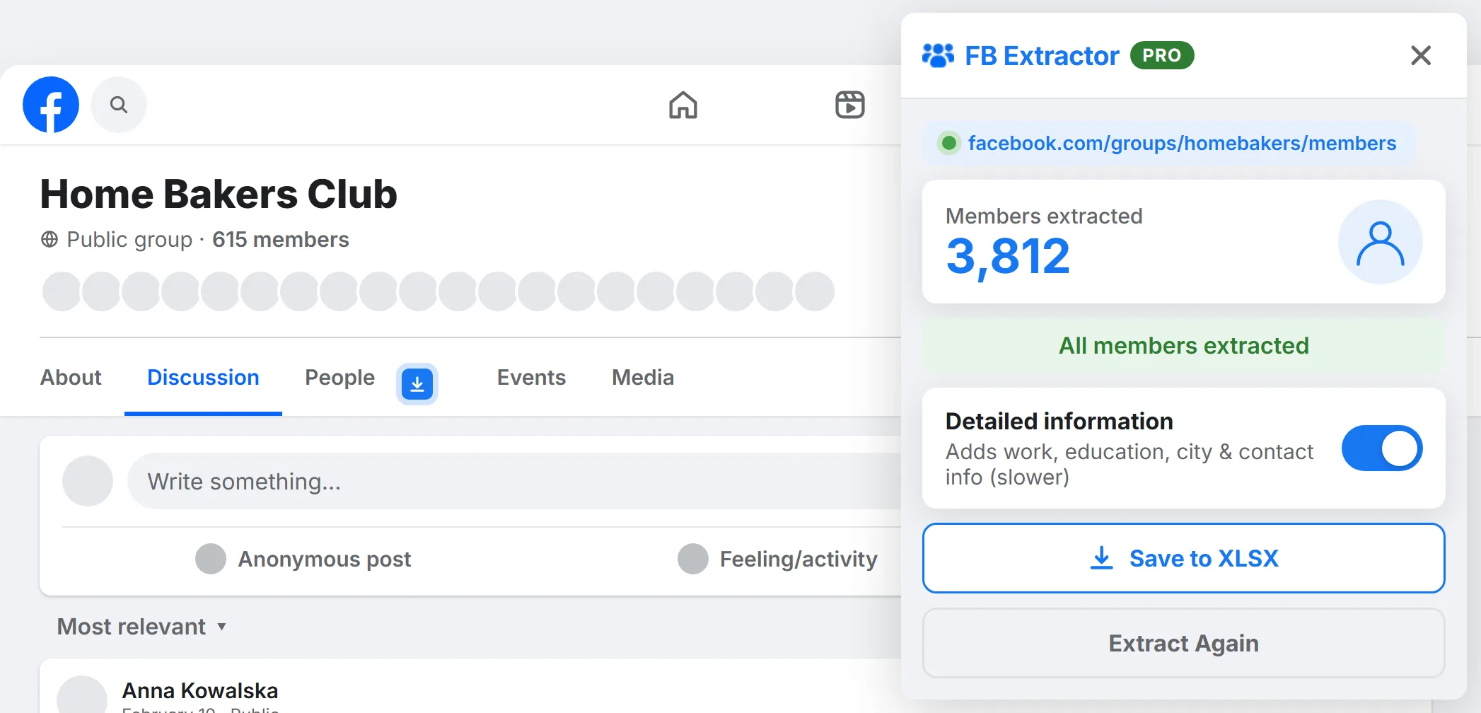 FB Extractor collecting the members of a Facebook group