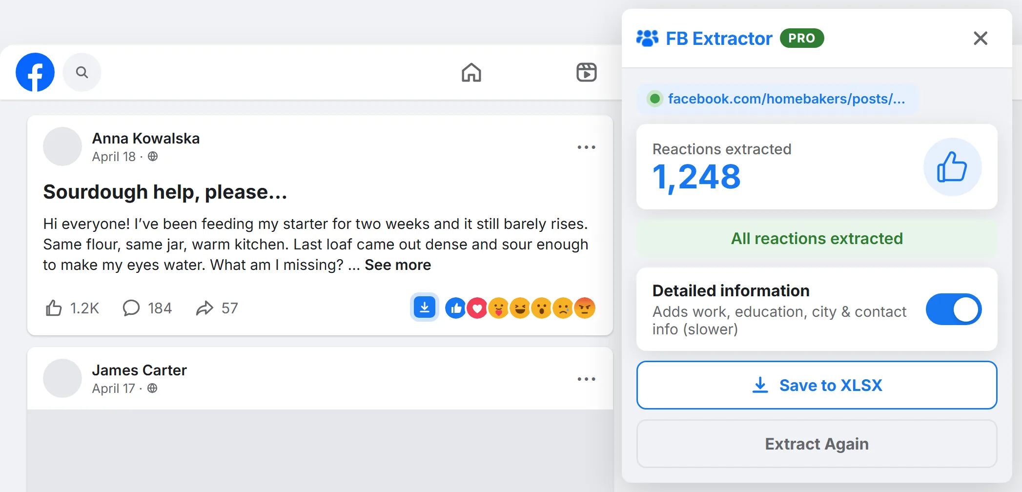 FB Extractor collecting everyone who reacted to a Facebook post